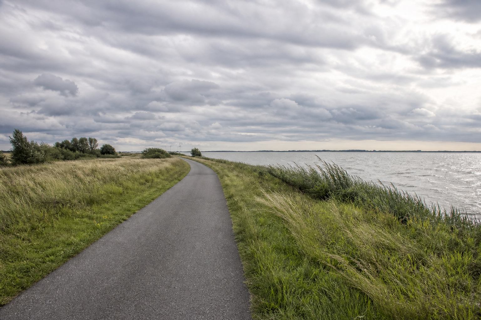 Bicycle path along a grassy dike beside a Lower Saxony lake under a wide sky